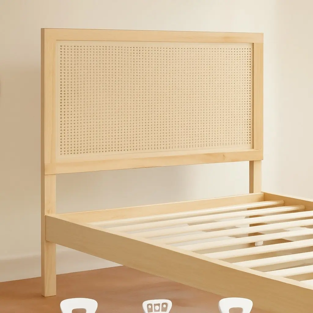 Queen Size Bed Frame Rattan Headboard Wooden Base Pine Oak
