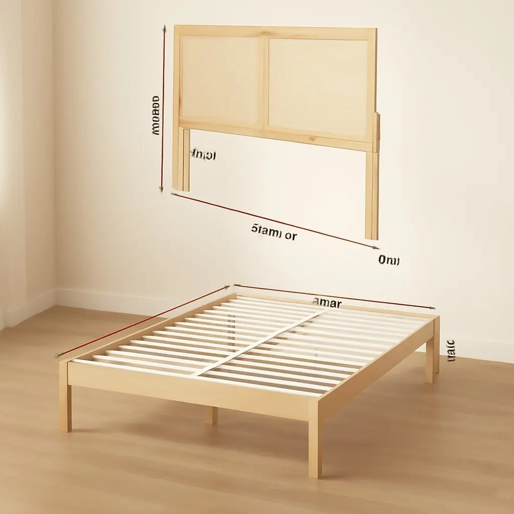 Queen Size Bed Frame Rattan Headboard Wooden Base Pine Oak