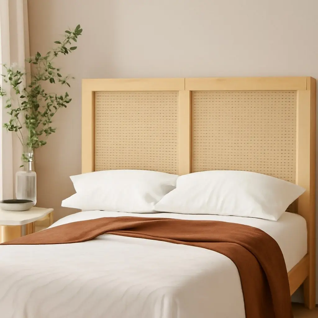 Queen Size Bed Frame Rattan Headboard Wooden Base Pine Oak