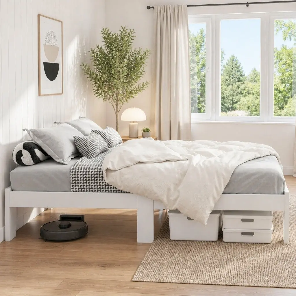 Double Bed Frame White Wooden Pine Bedroom Furniture with Under Bed Storage