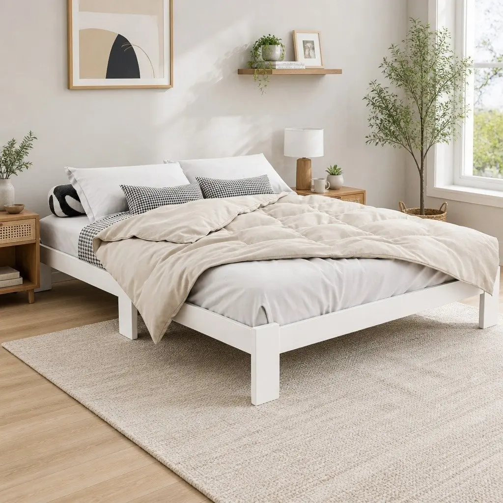 Double Bed Frame White Wooden Pine Bedroom Furniture with Under Bed Storage