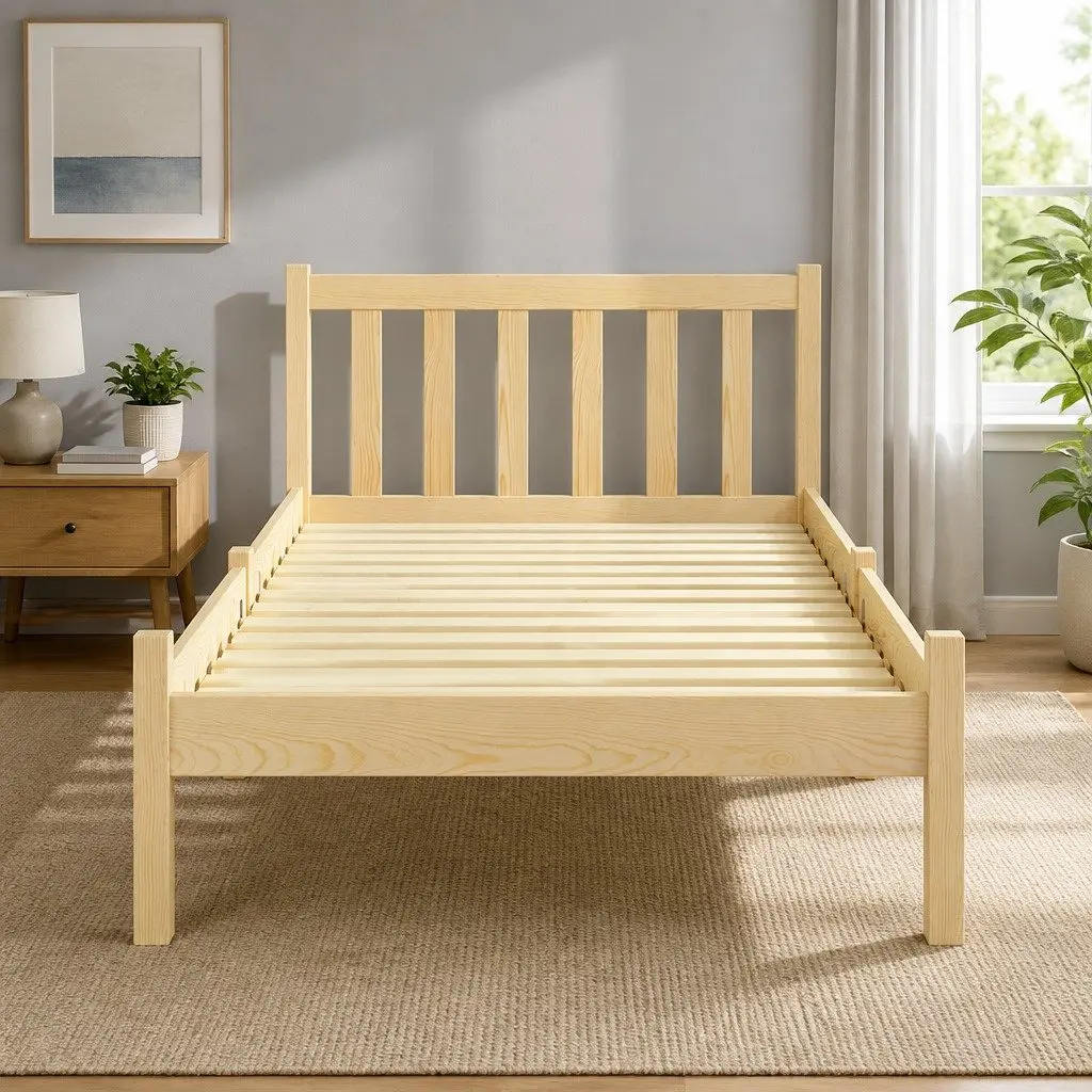 Single Bed Frame Wooden Pine Oak Bedroom Furniture with Storage Headboard