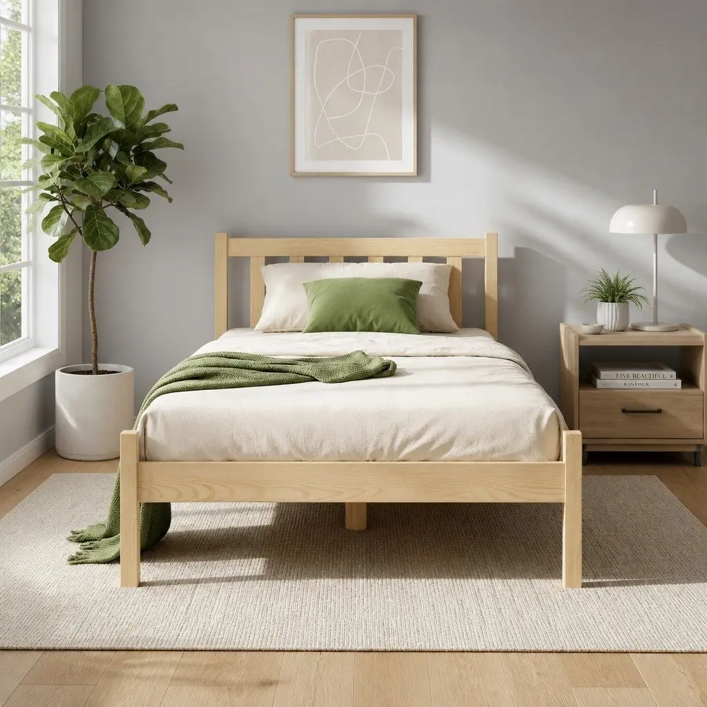 Single Bed Frame Wooden Pine Oak Bedroom Furniture with Storage Headboard