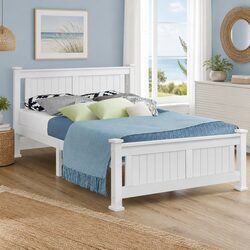 Queen Size Wooden Bed Frame White Slat Base Headboard Solid Pine Wood