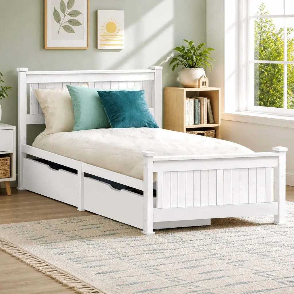 Single Bed Frame Wooden with 2 Storage Drawers White Slat Base