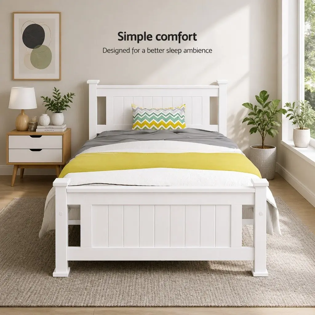 Single Bed Frame White Wooden Pine Timber Bedroom Furniture with Headboard