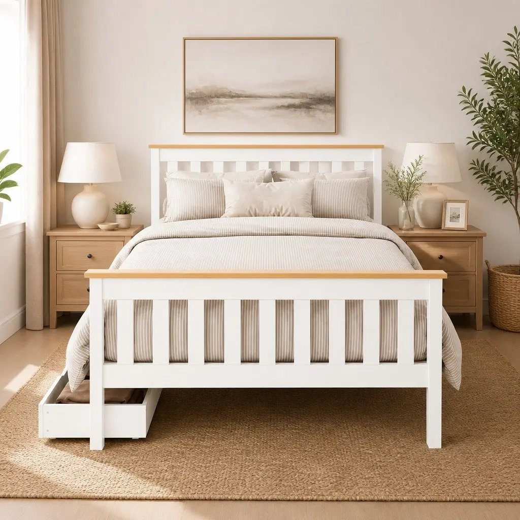Double Bed Frame Wooden Platform Storage Drawers White Bedroom Furniture