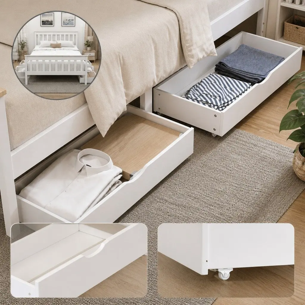 Double Bed Frame Wooden Platform Storage Drawers White Bedroom Furniture