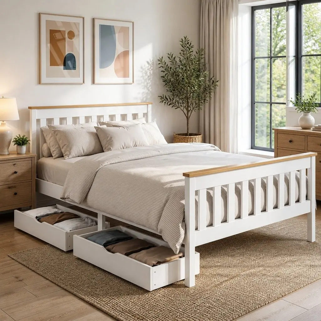Double Bed Frame Wooden Platform Storage Drawers White Bedroom Furniture
