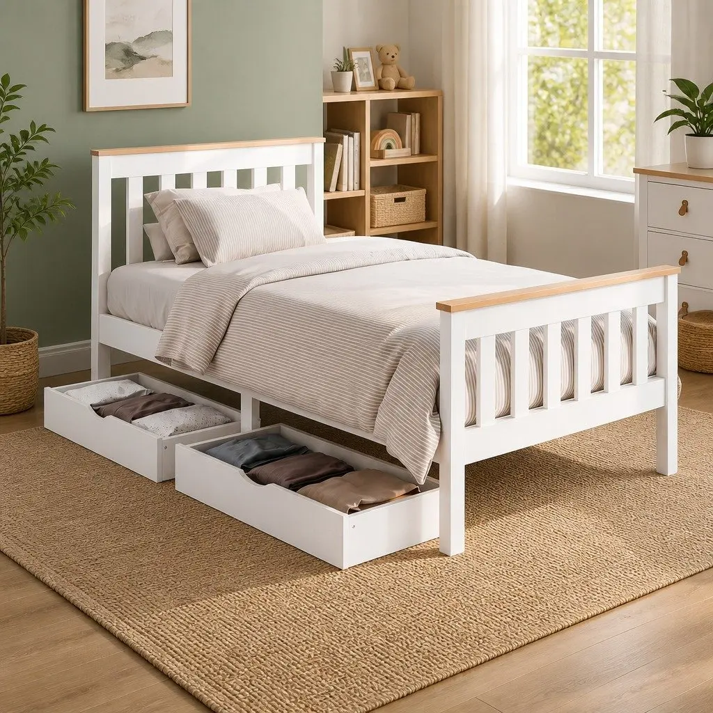 Single Bed Frame Wooden Platform with 2 Storage Drawers White