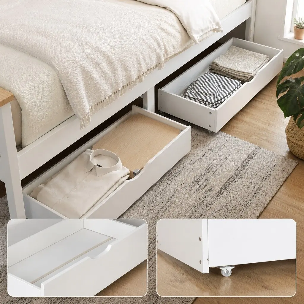 Single Bed Frame Wooden Platform with 2 Storage Drawers White