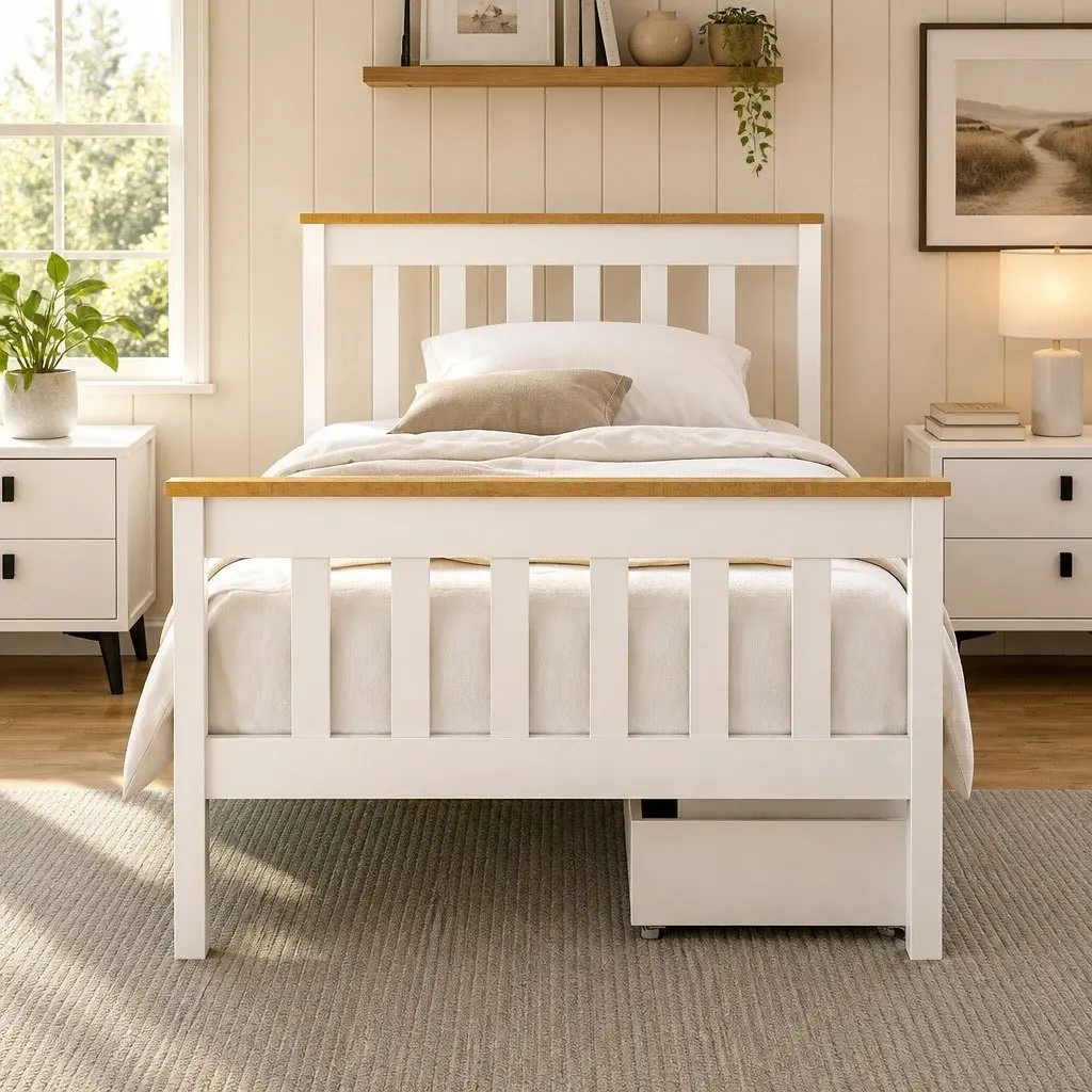 Single Bed Frame Wooden Platform with 2 Storage Drawers White