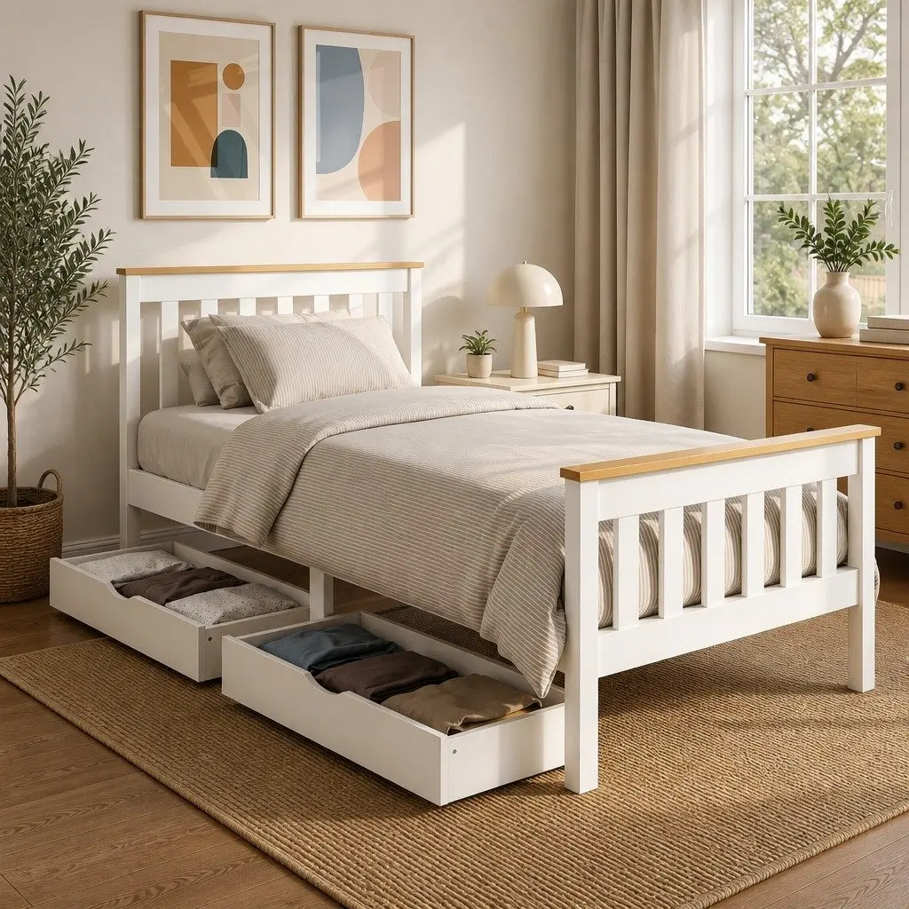 Single Bed Frame Wooden Platform with 2 Storage Drawers White