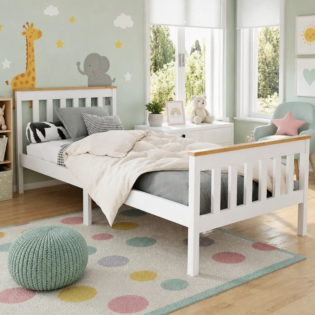 Single Bed Frame Pine Wood Slat Support 204cm x 100cm White