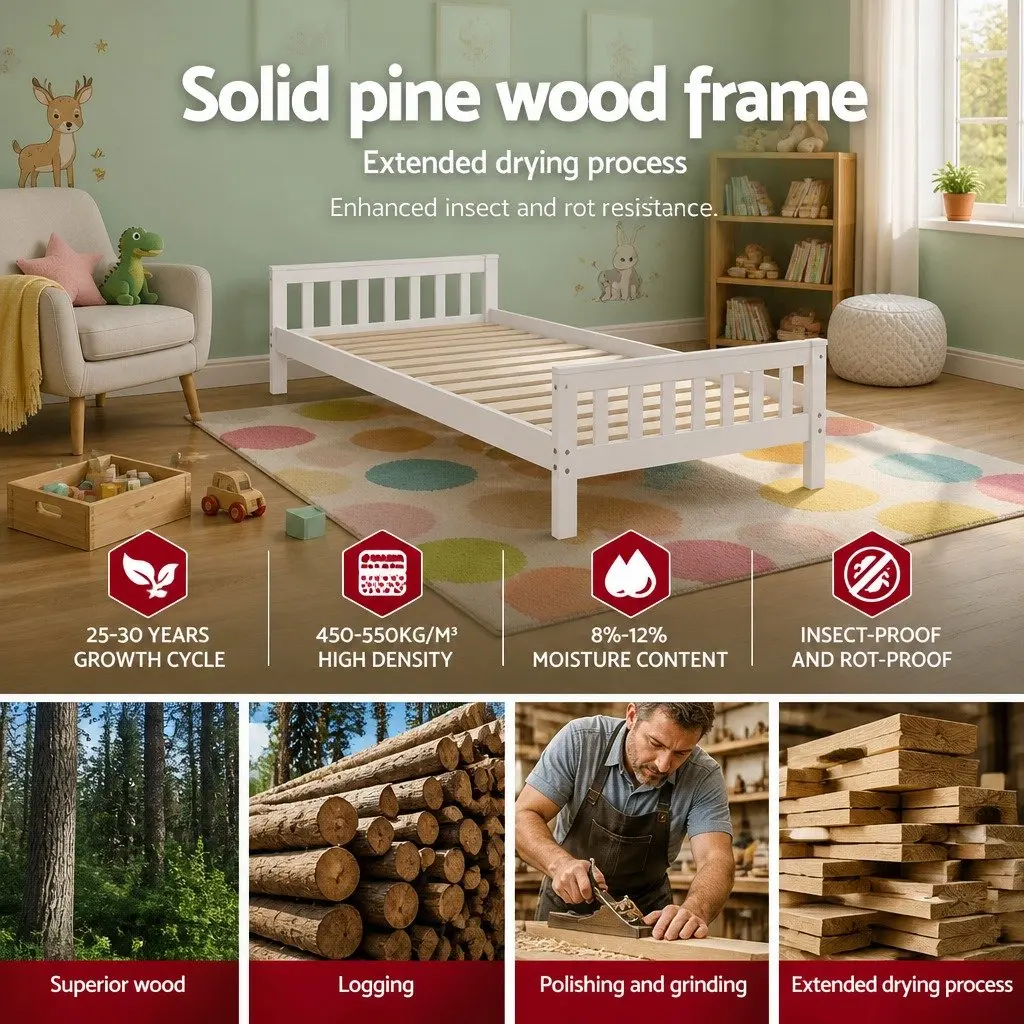 Single Bed Frame Pine Wood Slat Support 204cm x 100cm White