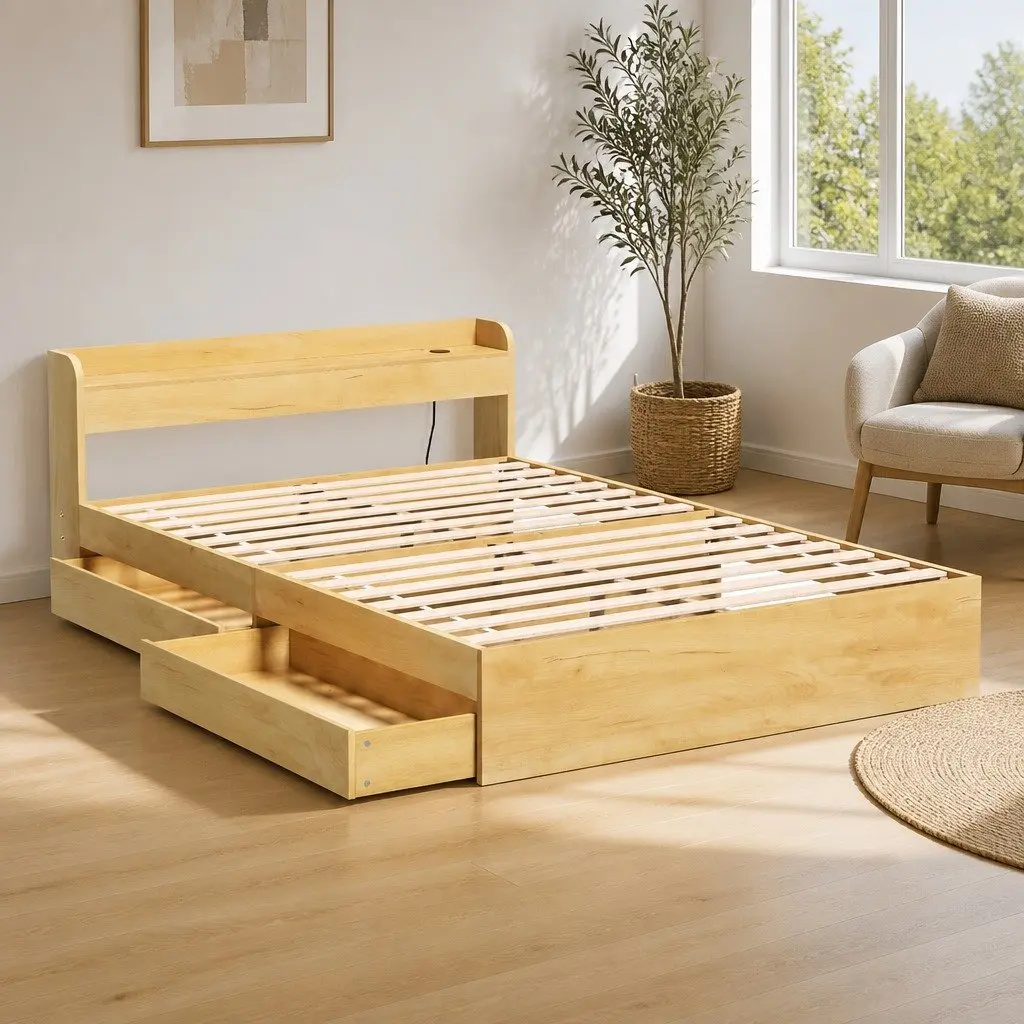 Double Bed Frame with USB Charging Ports and 2 Storage Drawers Pine Wood