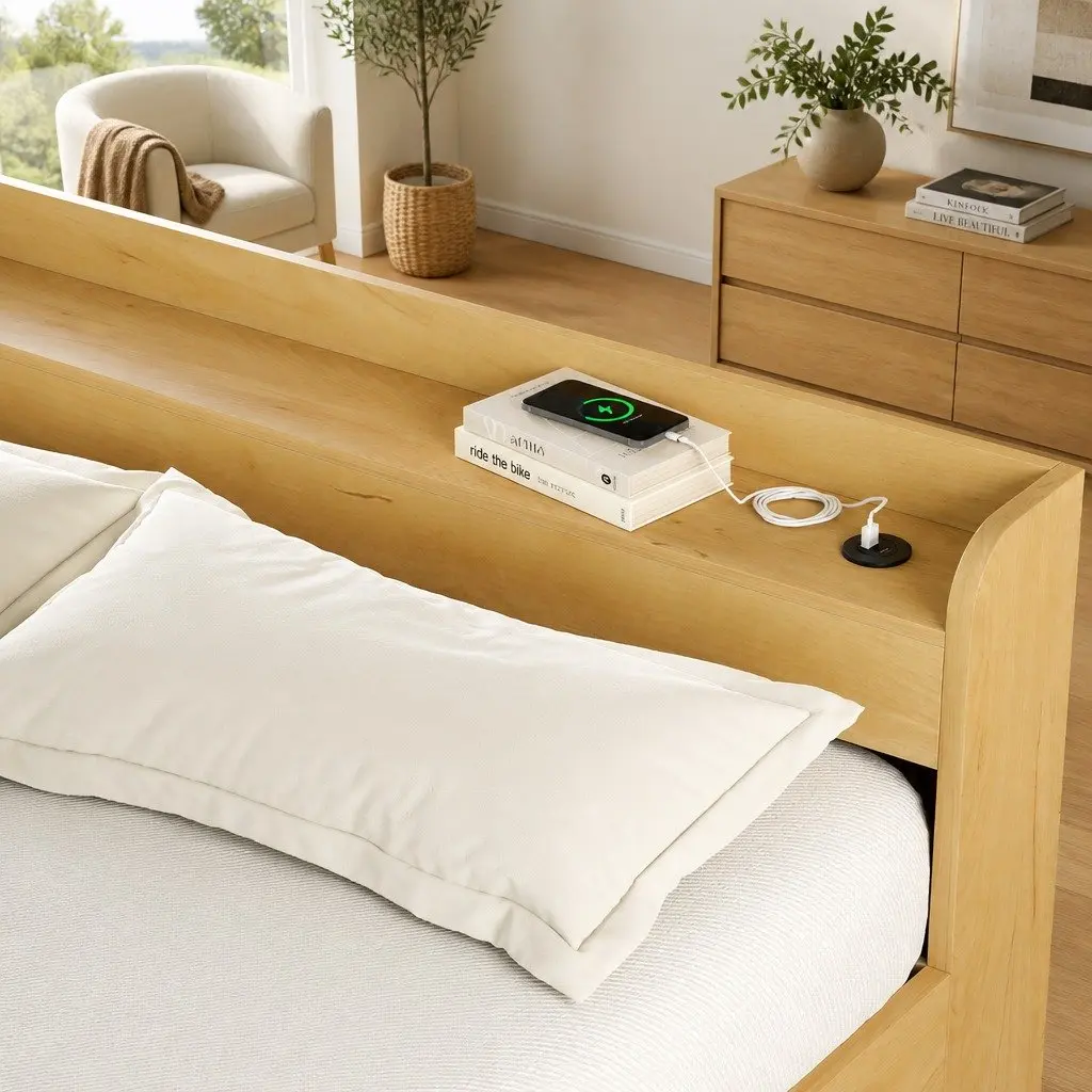 Double Bed Frame with USB Charging Ports and 2 Storage Drawers Pine Wood
