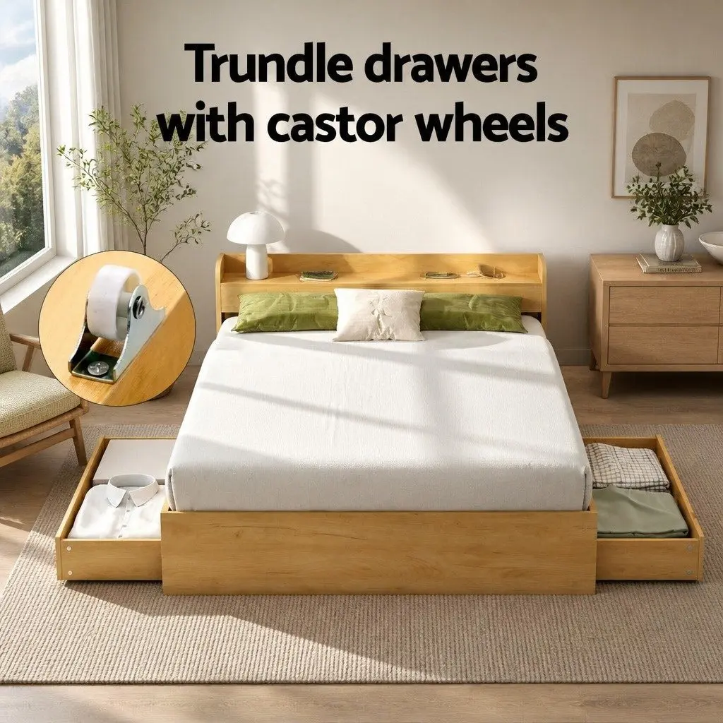 Double Bed Frame with USB Charging Ports and 2 Storage Drawers Pine Wood