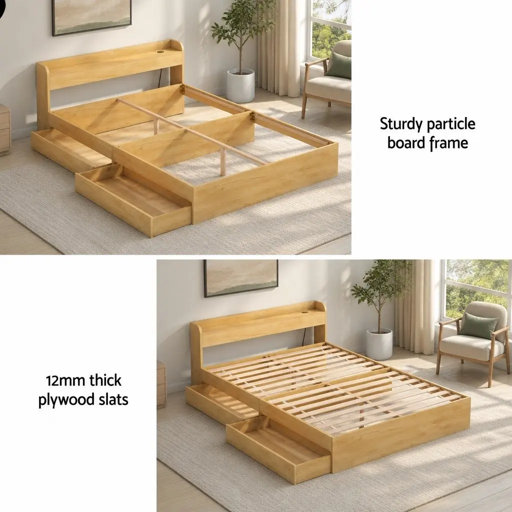 Double Bed Frame with USB Charging Ports and 2 Storage Drawers Pine Wood