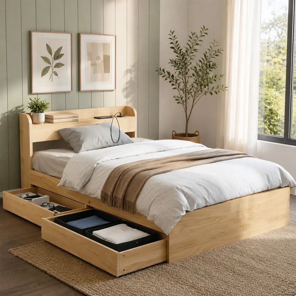 King Single Bed Frame with Storage Drawers USB Ports Natural