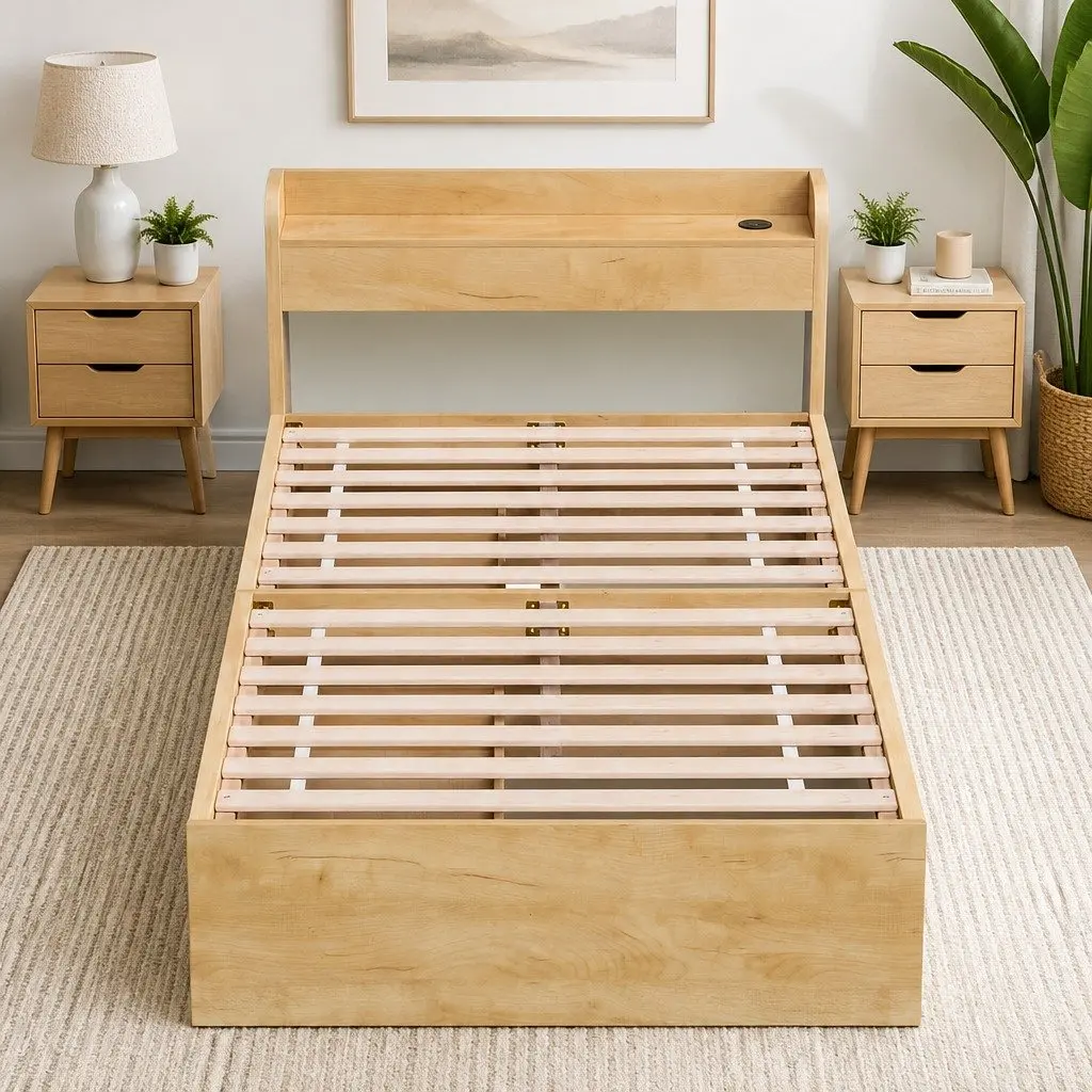 King Single Bed Frame with Storage Drawers USB Ports Natural