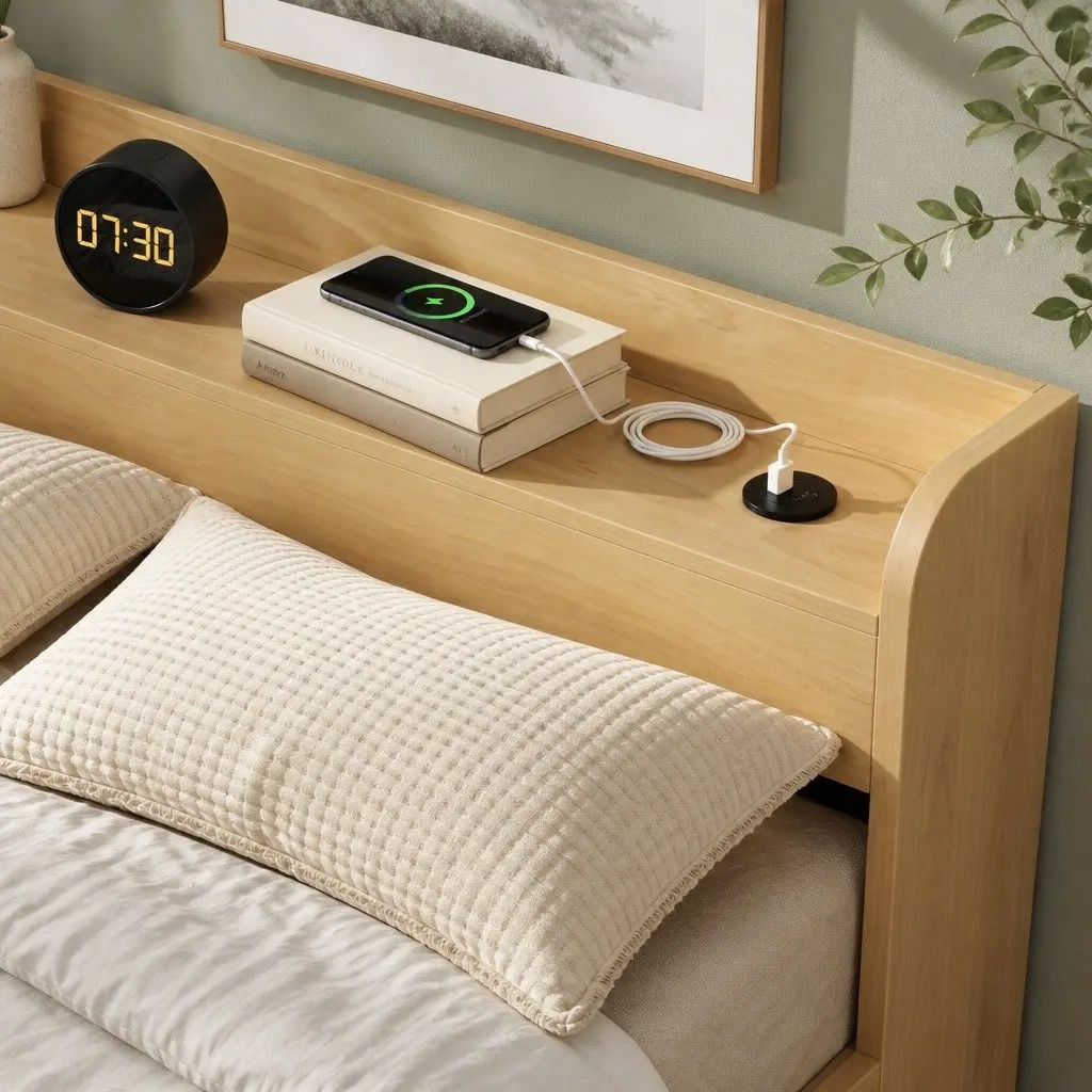 King Single Bed Frame with Storage Drawers USB Ports Natural