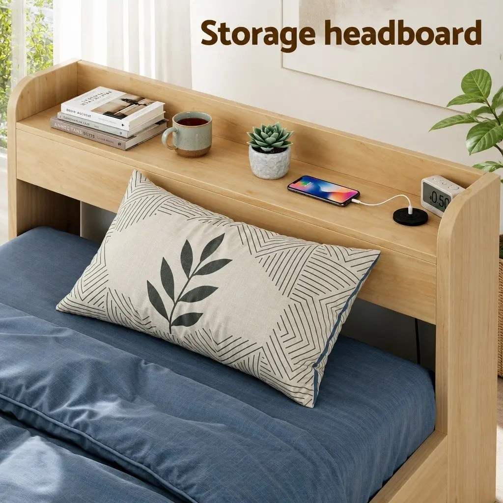 King Single Bed Frame with Storage Drawers USB Ports Natural