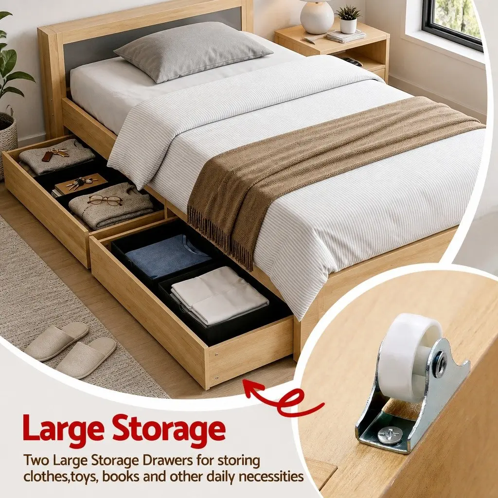 King Single Bed Frame with Storage Drawers USB Ports Natural