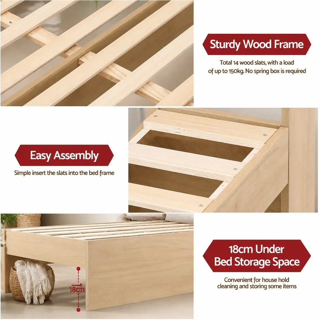 King Single Bed Frame with Storage Drawers USB Ports Natural