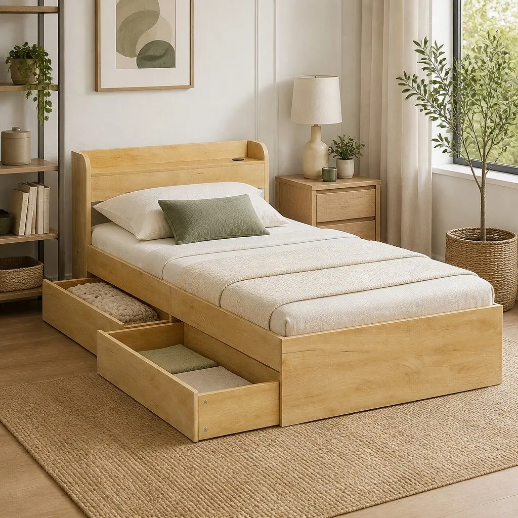 King Single Bed Frame with Storage Drawers USB Ports Natural