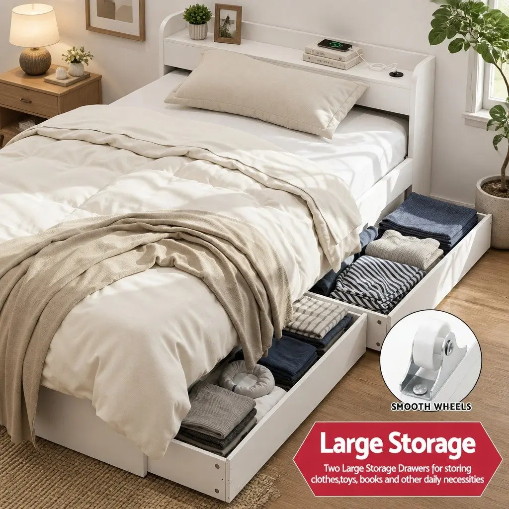 King Single Bed Frame White with USB Charging Ports Storage Drawers Headboard