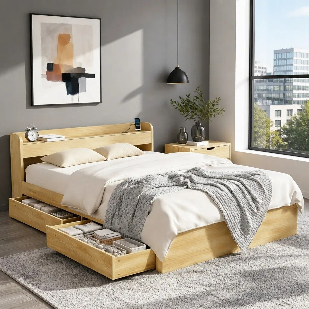 Queen Bed Frame with Storage and USB Charging
