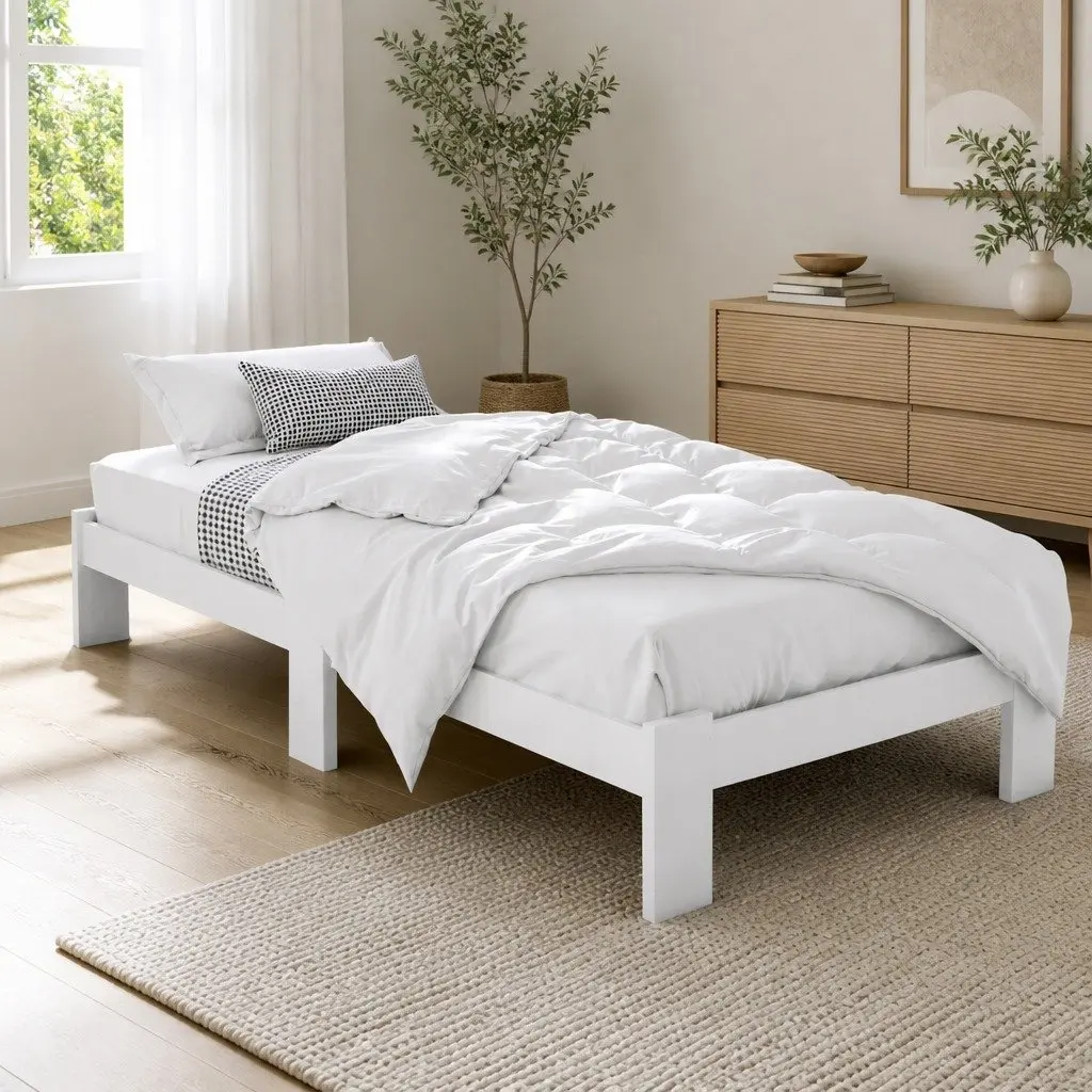King Single Bed Frame White Wooden Pine Storage Underneath 210cm L 115cm W 30cm H