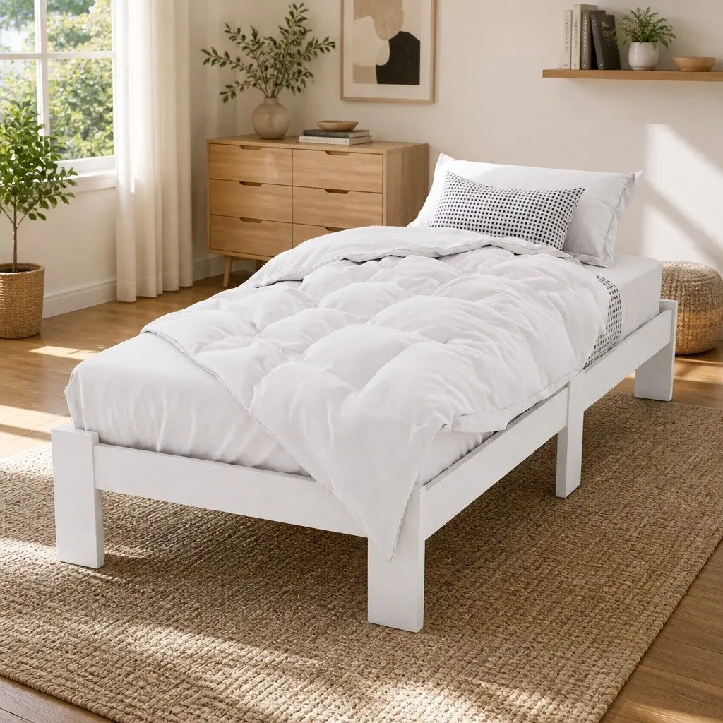 King Single Bed Frame White Wooden Pine Storage Underneath 210cm L 115cm W 30cm H
