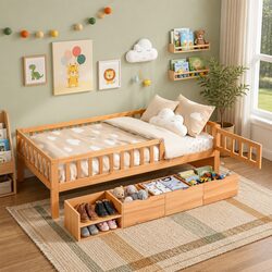 Kids Single Bed Frame with 3 Storage Drawers and Safety Rail Toddler Bedroom