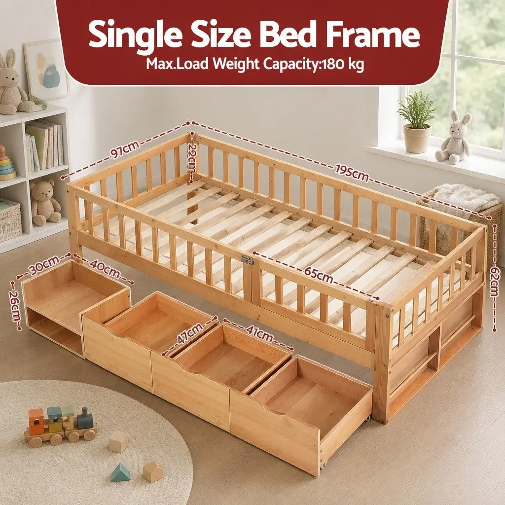 Single Bed Frame for Kids with Safety Rail and 3 Storage Drawers Natural 195x97x62cm