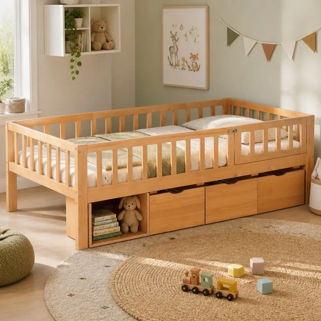 Single Bed Frame for Kids with Safety Rail and 3 Storage Drawers Natural 195x97x62cm