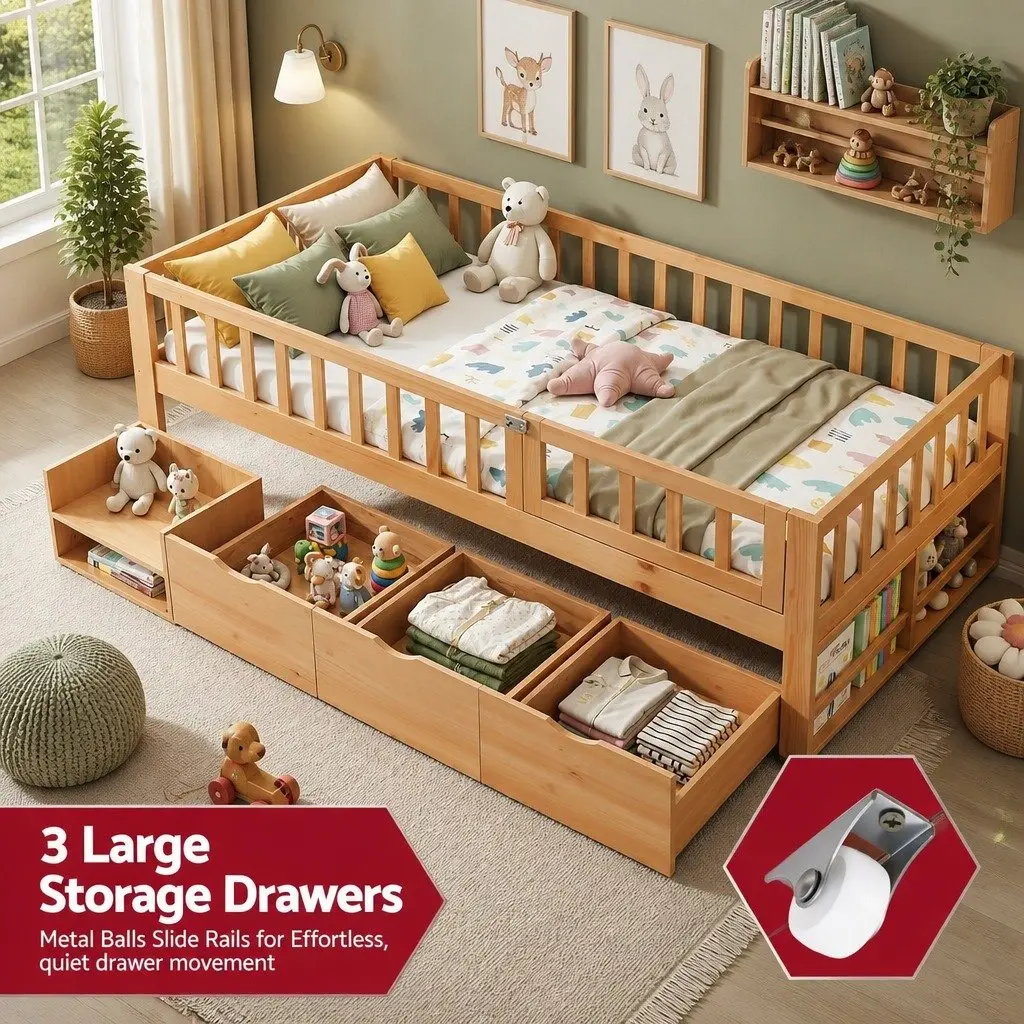 Single Bed Frame for Kids with Safety Rail and 3 Storage Drawers Natural 195x97x62cm