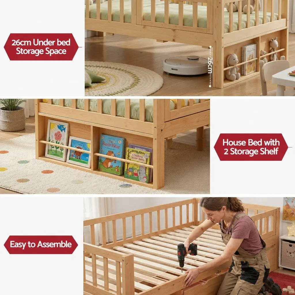 Single Bed Frame for Kids with Safety Rail and 3 Storage Drawers Natural 195x97x62cm