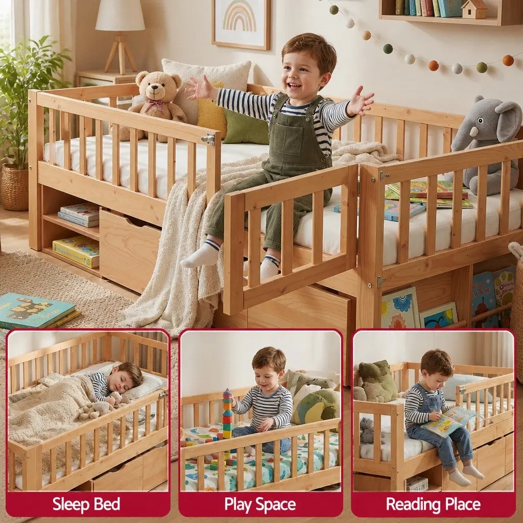 Single Bed Frame for Kids with Safety Rail and 3 Storage Drawers Natural 195x97x62cm