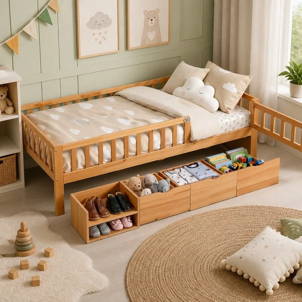 Single Bed Frame for Kids with Safety Rail and 3 Storage Drawers Natural 195x97x62cm