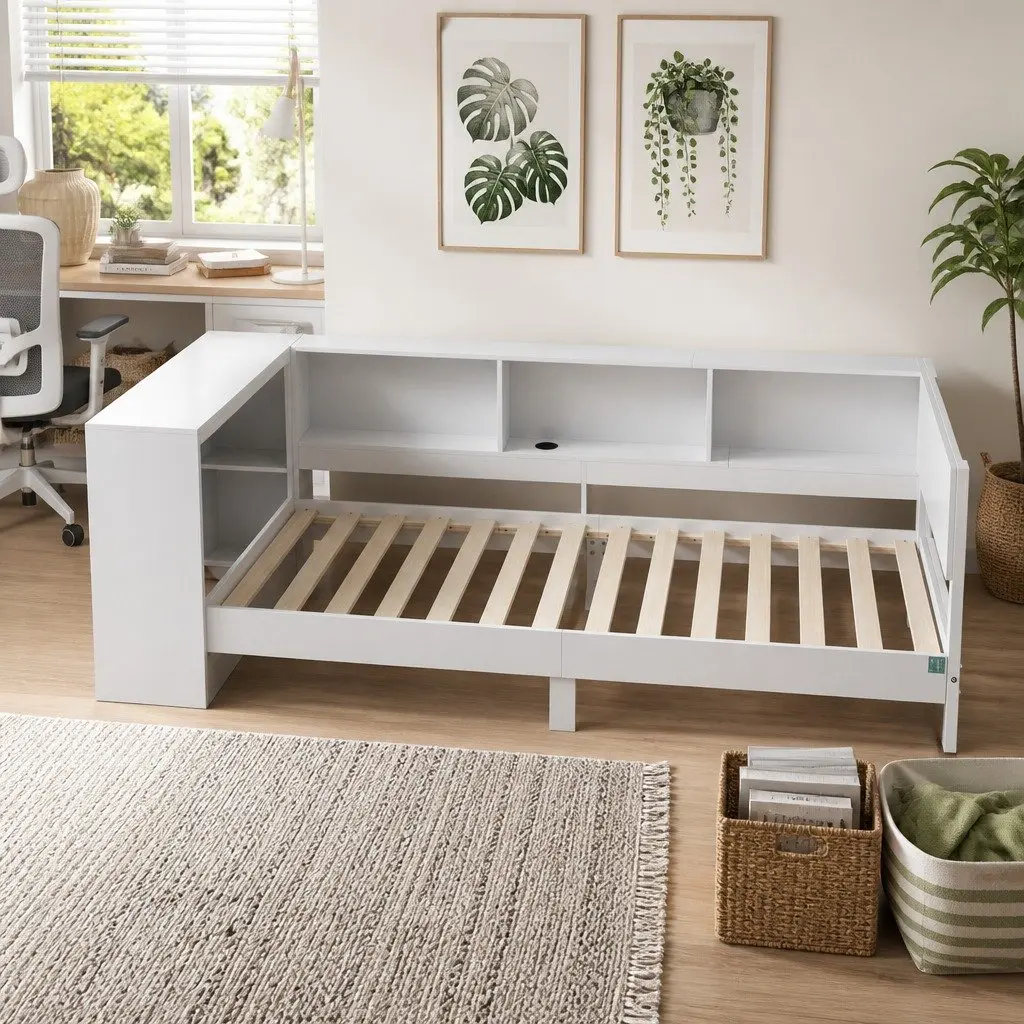 Single Corner Bed Frame with Built-in Desk Storage Shelves USB-C Charging for