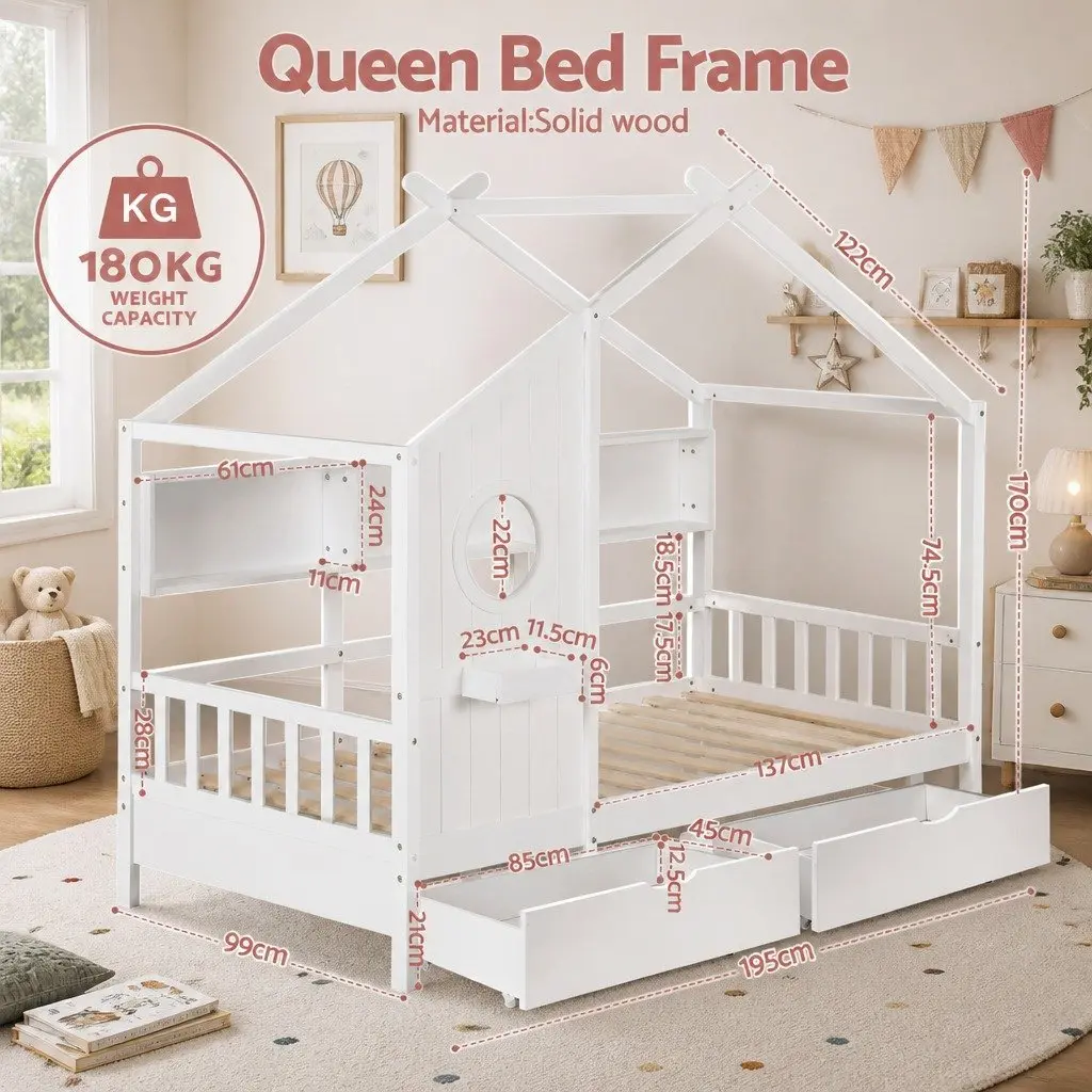 Kids Single Bed Frame House Design Storage Bookcase 2 Drawers White Montessori