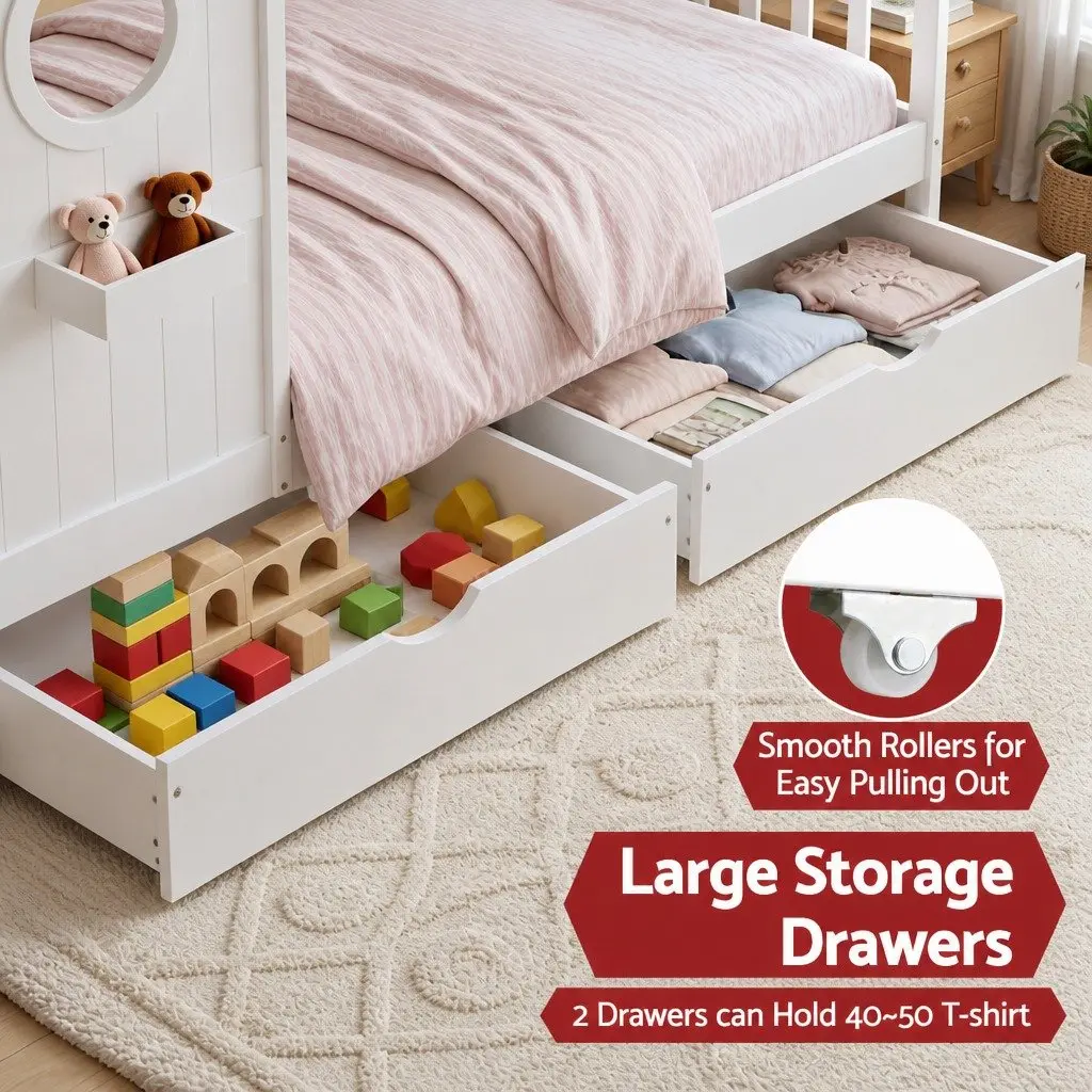 Kids Single Bed Frame House Design Storage Bookcase 2 Drawers White Montessori