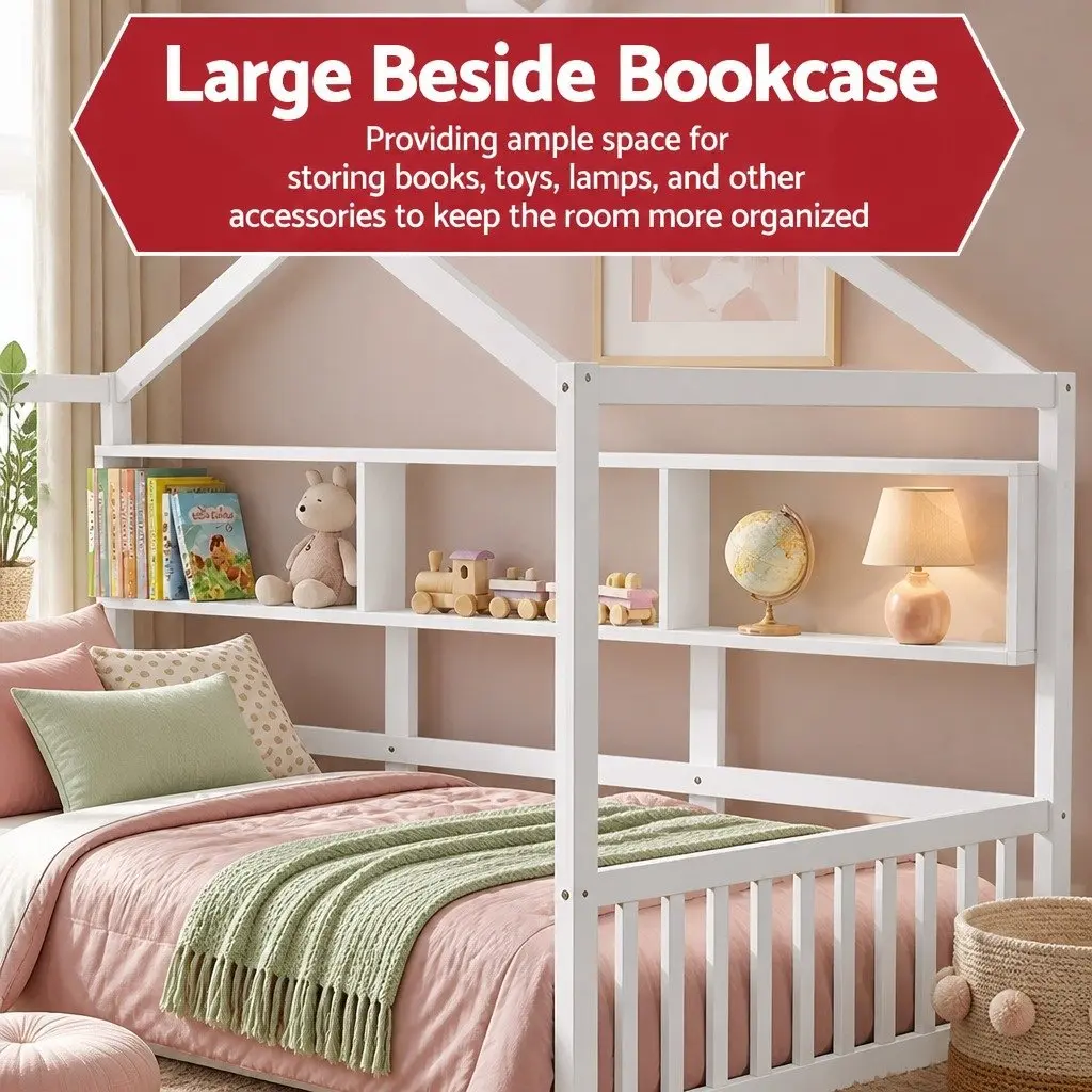 Kids Single Bed Frame House Design Storage Bookcase 2 Drawers White Montessori