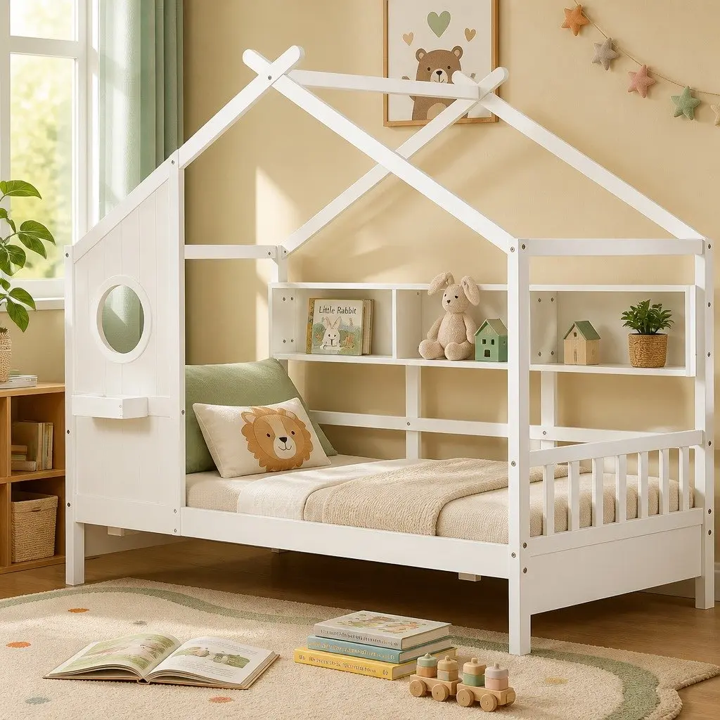 Kids Single House Bed Frame Low Floor Montessori Design White Bedroom Furniture