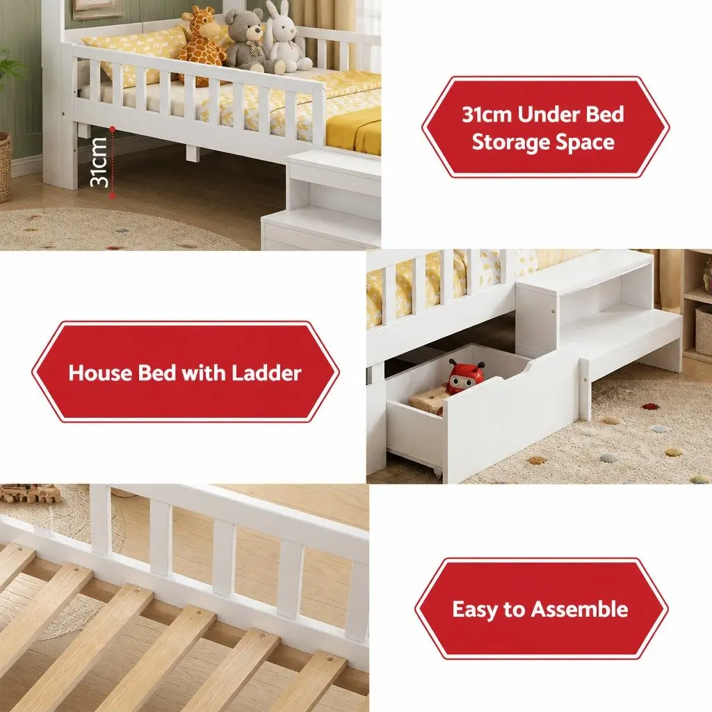 Single Bed Frame with Storage Drawers House Design LED Light USB Ports Safety