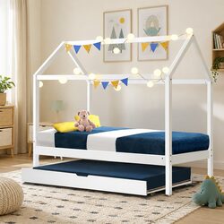 Kids House Bed Frame White Wooden Trundle Daybed Single Mattress Bedroom