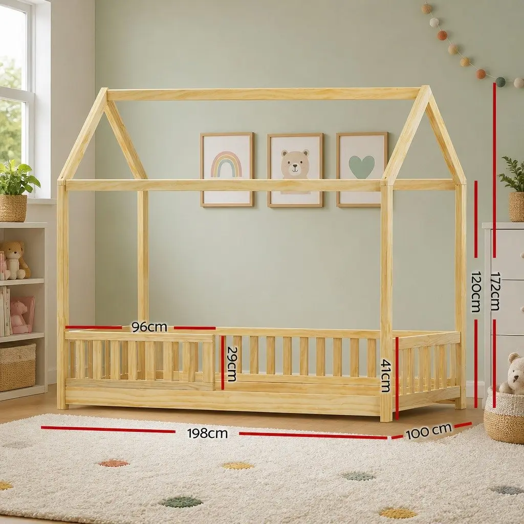 Kids Wooden Bed Frame House Shape Single Size Oak Pine Bedroom Furniture