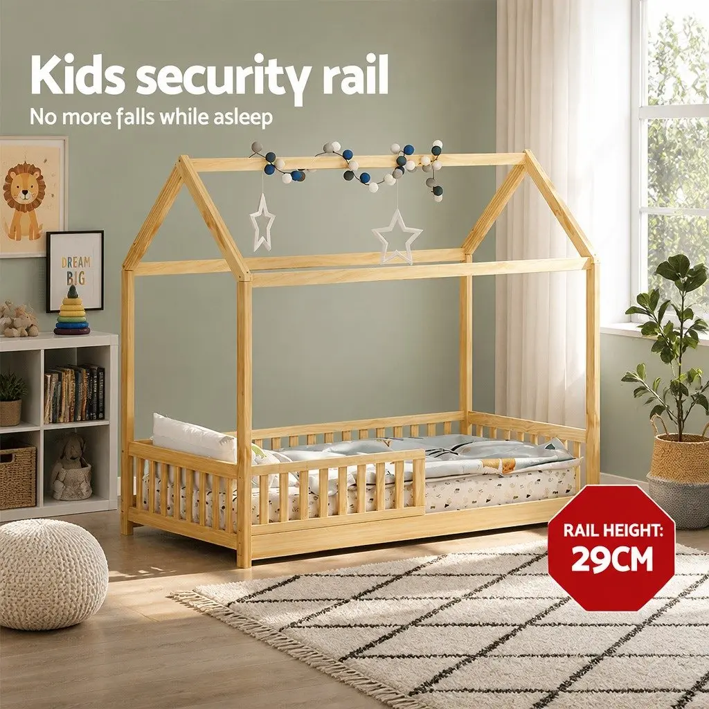 Kids Wooden Bed Frame House Shape Single Size Oak Pine Bedroom Furniture
